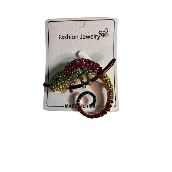 Happy Little Colorful Chameleon Pin/Brooch Sitting on a Branch. Multi. Size 2x2" - Picture 2 of 5